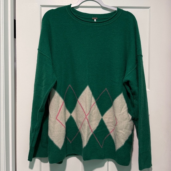 Free People Green Addie Argyle 100% Cashmere Pullover, size Large - Picture 3 of 8